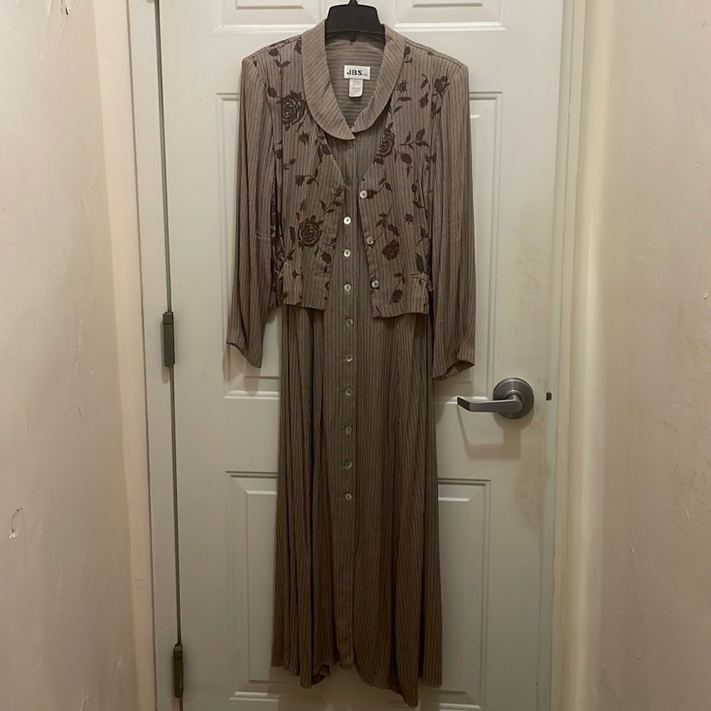 JBS, vintage brown pin striped size 14 Maxi dress with floral attached vest!